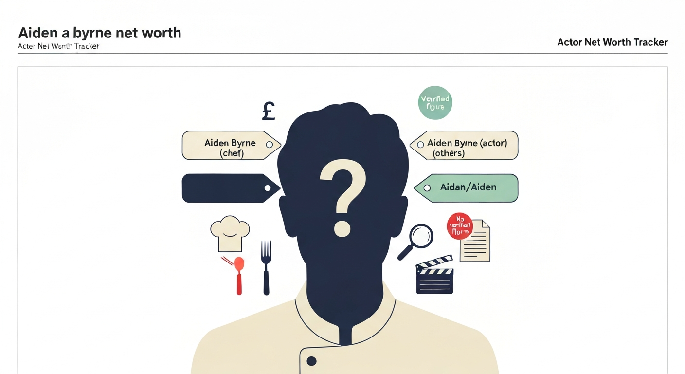 Illustration showing a silhouetted figure with a question mark, name tags for multiple 'Aiden Byrne' identities, icons for chef and film, money symbols and a 'No verified figure' badge.