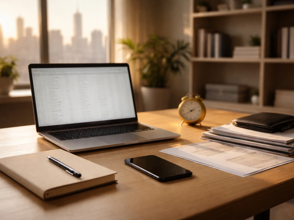 Minimal finance office desk with laptop and documents suggesting net worth research, no people.