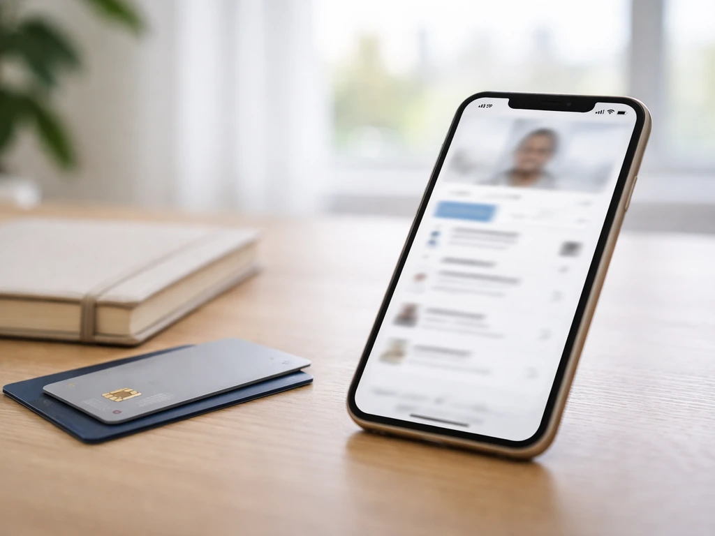 Minimal desk scene with a smartphone showing a generic people-search style interface and credit cards