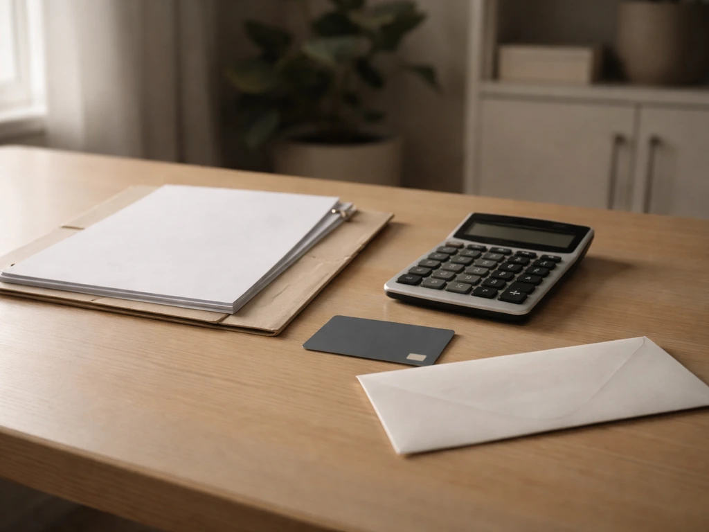 Minimal desk scene with a calculator and folder to symbolize net worth assets minus liabilities.