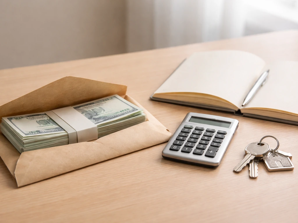 Minimal photo of a tidy desk with cash-like envelope, calculator, and keys, suggesting net worth moving assets and debts