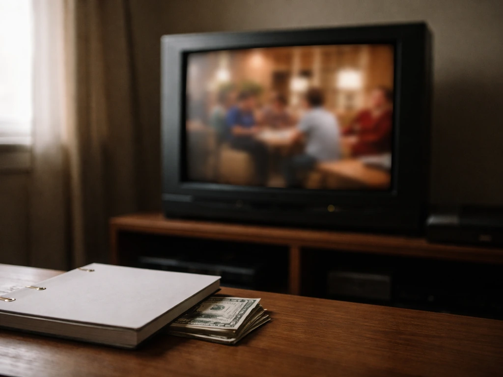 Minimal photo of an anonymous actor-style film set with cash and a vintage TV in soft light