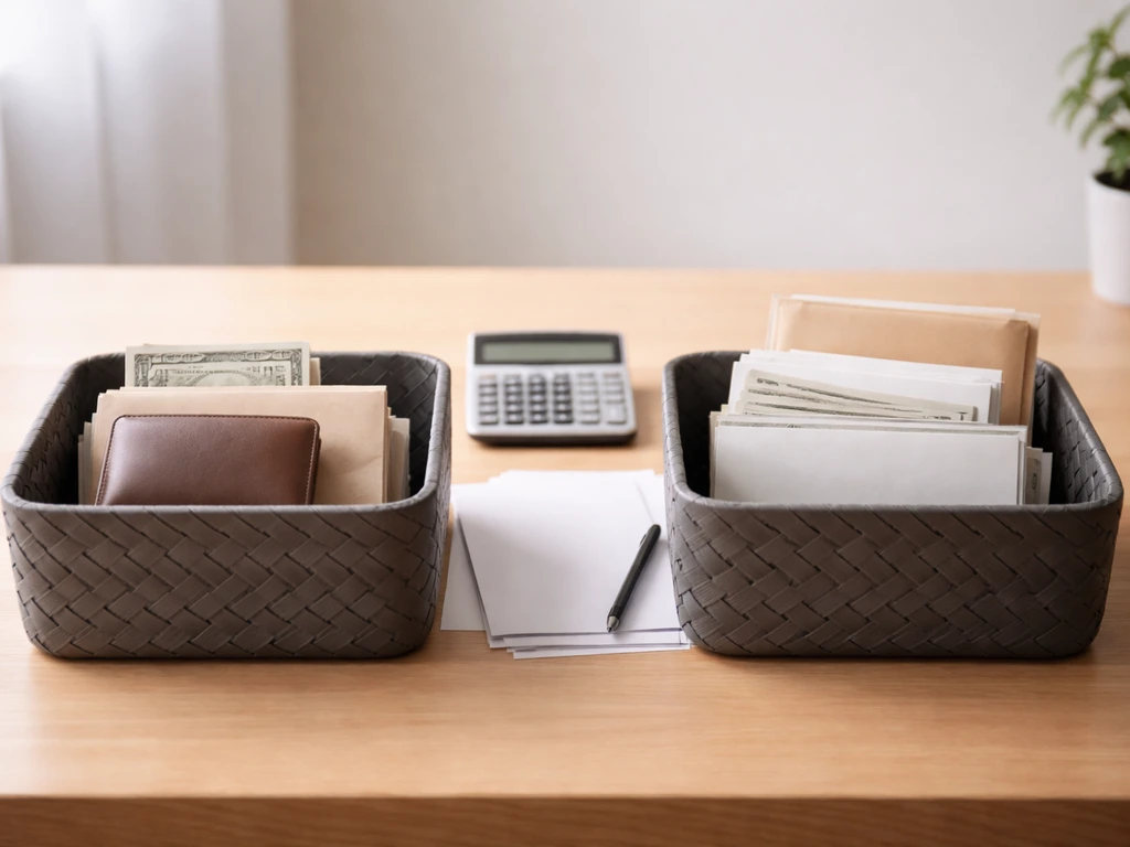 Photo of two labeled baskets holding money assets and bills liabilities beside a calculator and papers.