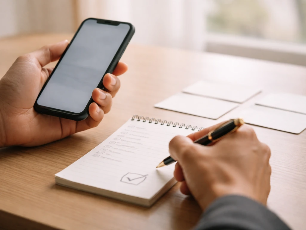 Anonymous hands checking sources on a smartphone and marking a notepad for verification