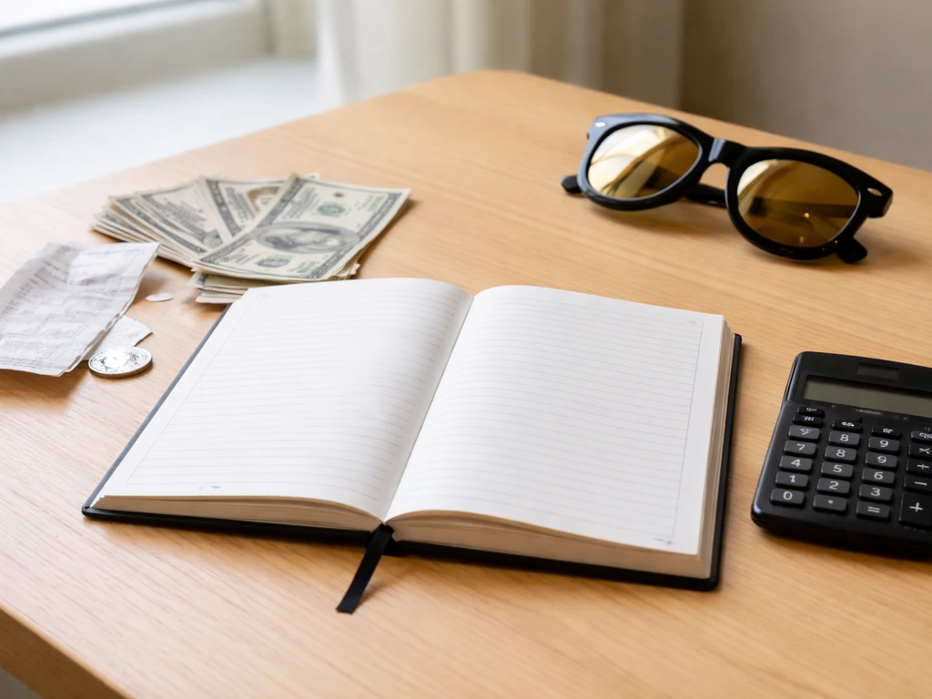 Desk scene with calculator, scattered bills, and a paper ledger showing assets minus liabilities metaphor