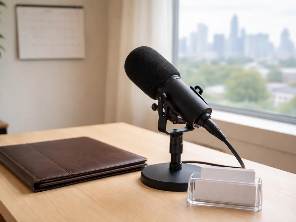Minimal photo of a comedian’s mic on a desk with a calendar, suggesting public-profile name mix-ups.