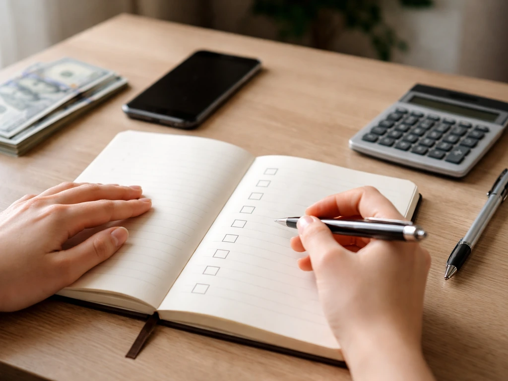 Hands fill blank checkbox boxes in a notebook beside cash and a calculator on a quiet desk.