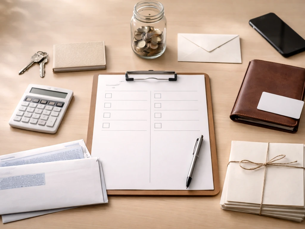 Minimal desk scene with a blank checklist page and realistic assets and liabilities items like keys, folders, and loan p