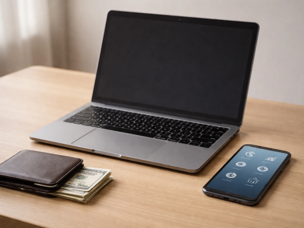 Minimal desk with laptop and phone beside a wallet and cash, symbolizing an unverified net worth estimate.