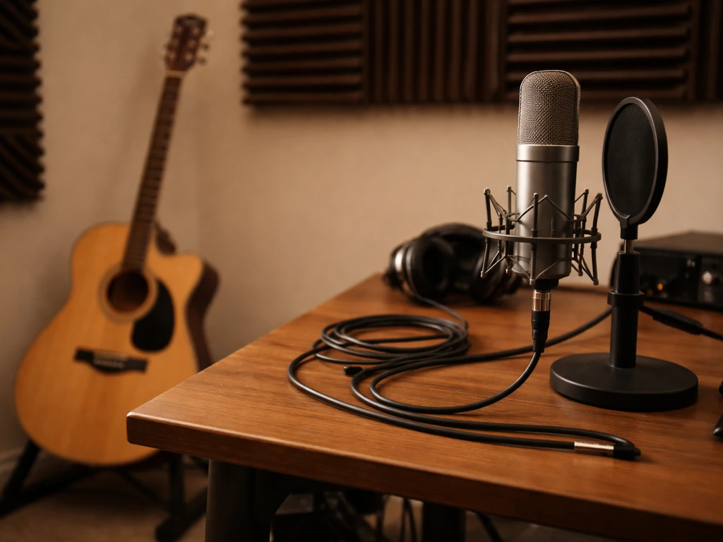 Guitar and studio microphone in a quiet recording room with acoustic foam panels