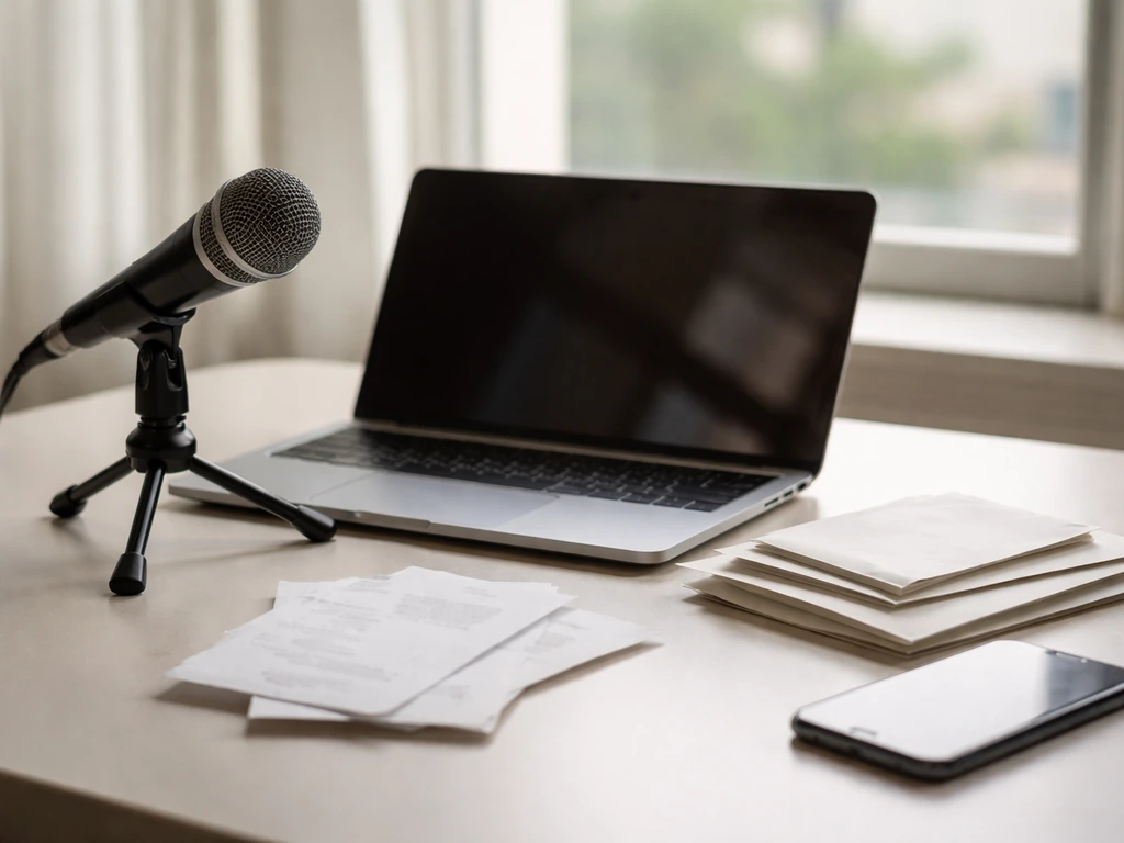 Minimal photo of a studio desk with a microphone and scattered receipts, symbolizing public-data net worth estimates.