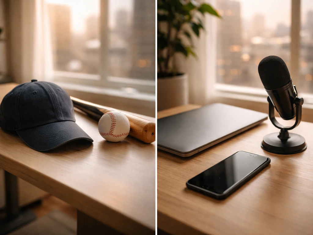Minimal desk scene with a baseball bat and cap beside a microphone and laptop, symbolizing sports and media.