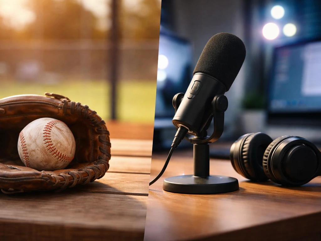 A baseball and a creator microphone setup on a simple desk, split-contrast cue for the right Aiden McIntyre