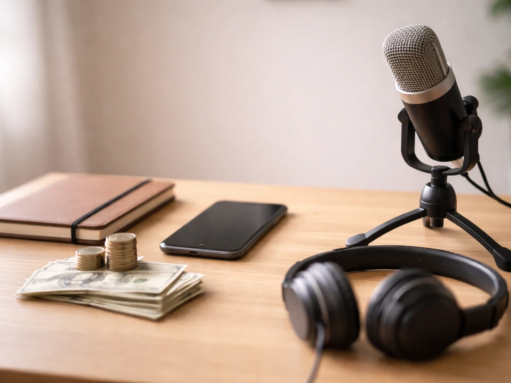 Minimal photo of a small finance and media setup: cash, smartphone, and a microphone on a desk