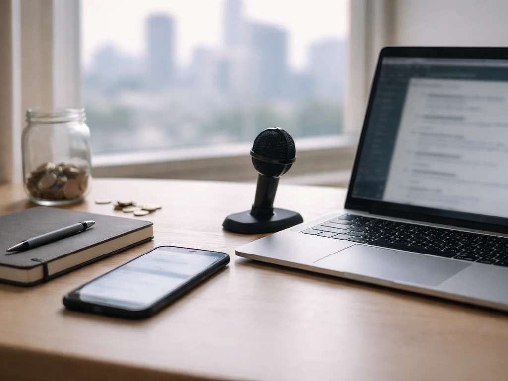 Minimal desk scene with laptop, smartphone search screen blur, coins, and city view suggesting finance research.