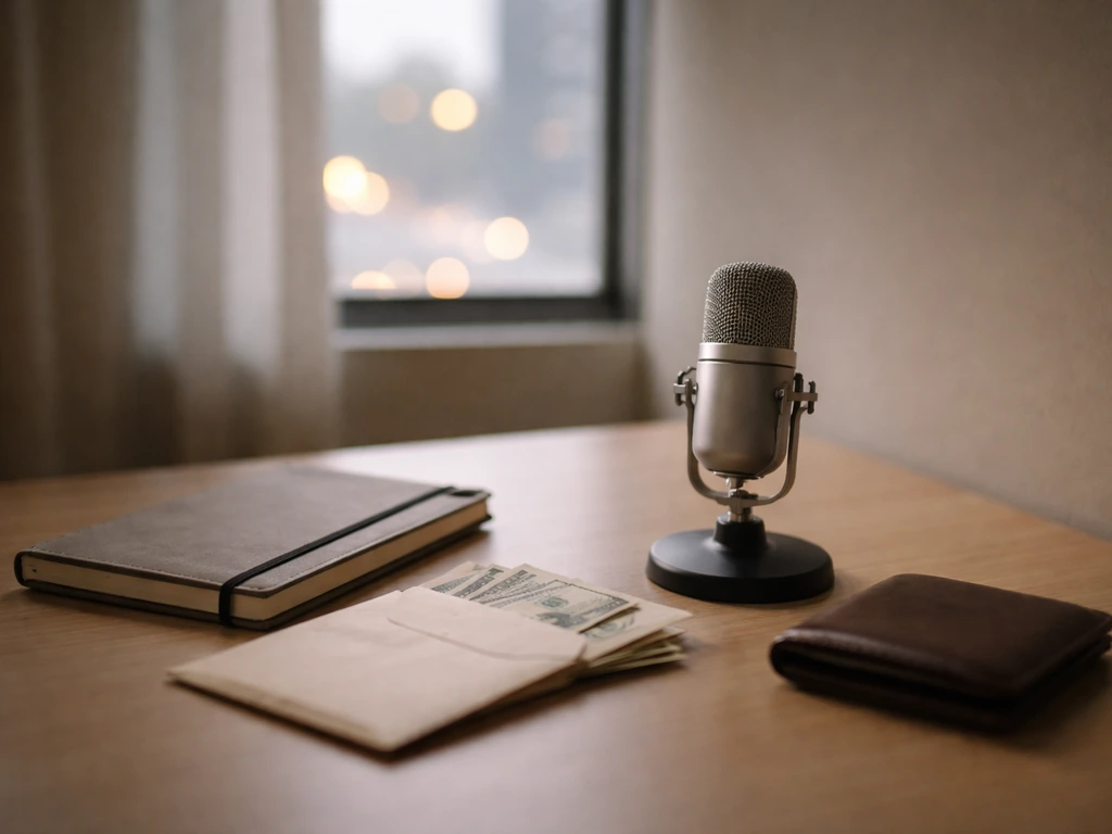 Minimal office desk with scattered cash and a muted microphone, symbolizing uncertain net-worth estimates.