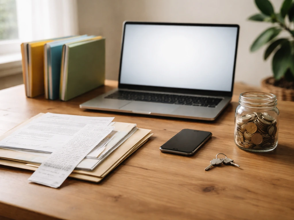 Minimal office scene with money papers and a laptop showing abstract financial research, no people