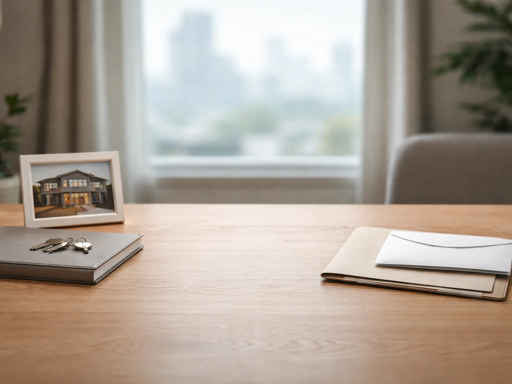 Minimal home-office desk showing house key and property photo versus blank loan envelope for assets vs liabilities.