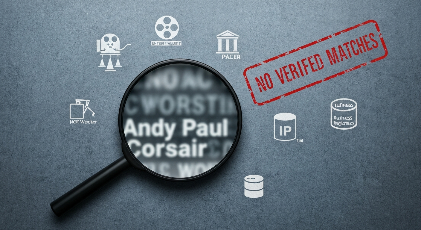 Abstract investigative hero image: magnifying glass over blurred name 'Andy Paul Corsair' with icons for data sources and a red 'No verified matches' stamp.