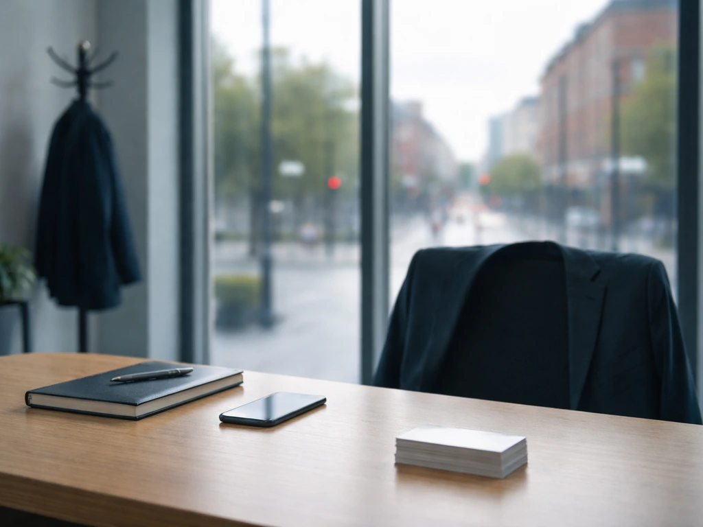 Empty civic office desk with suit jacket and smartphone, city street softly visible through window