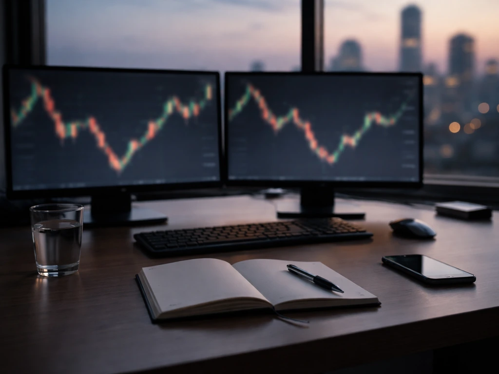 Empty trading desk at dusk with blurred market visuals on monitors and city skyline through a window.