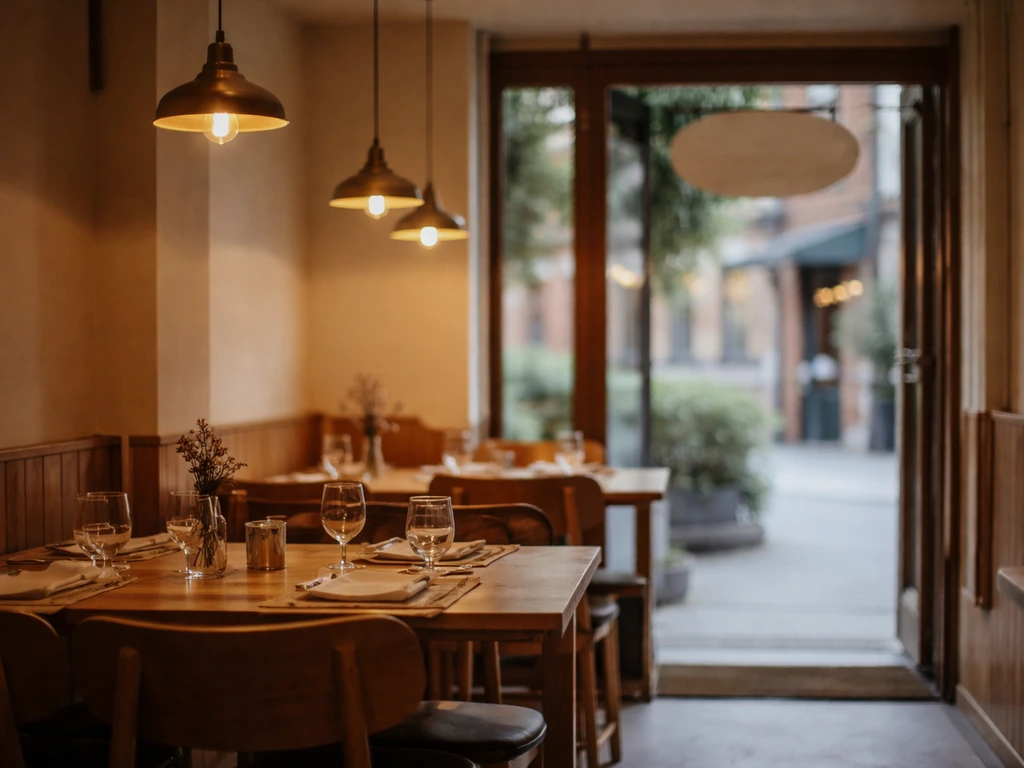 Minimal photo of a UK restaurant entrance with warm lighting, showing the dining space and an unobtrusive sign.