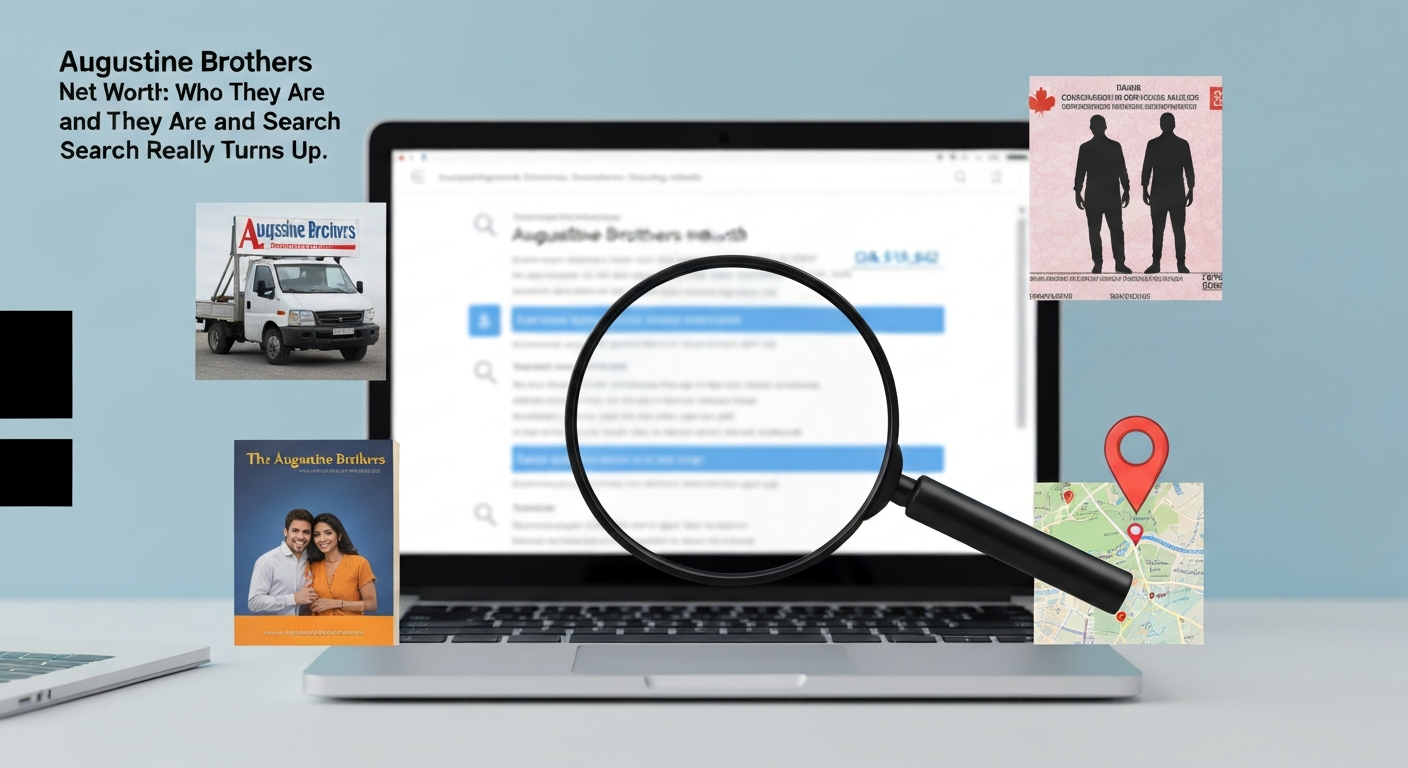 Editorial collage: magnifying glass over a laptop search for 'Augustine Brothers net worth' with vignettes of a construction truck, a Canadian payment stub showing CAD $10,842, a paperback titled 'The Augustine Brothers', and a Kerala map marker with silhouettes.