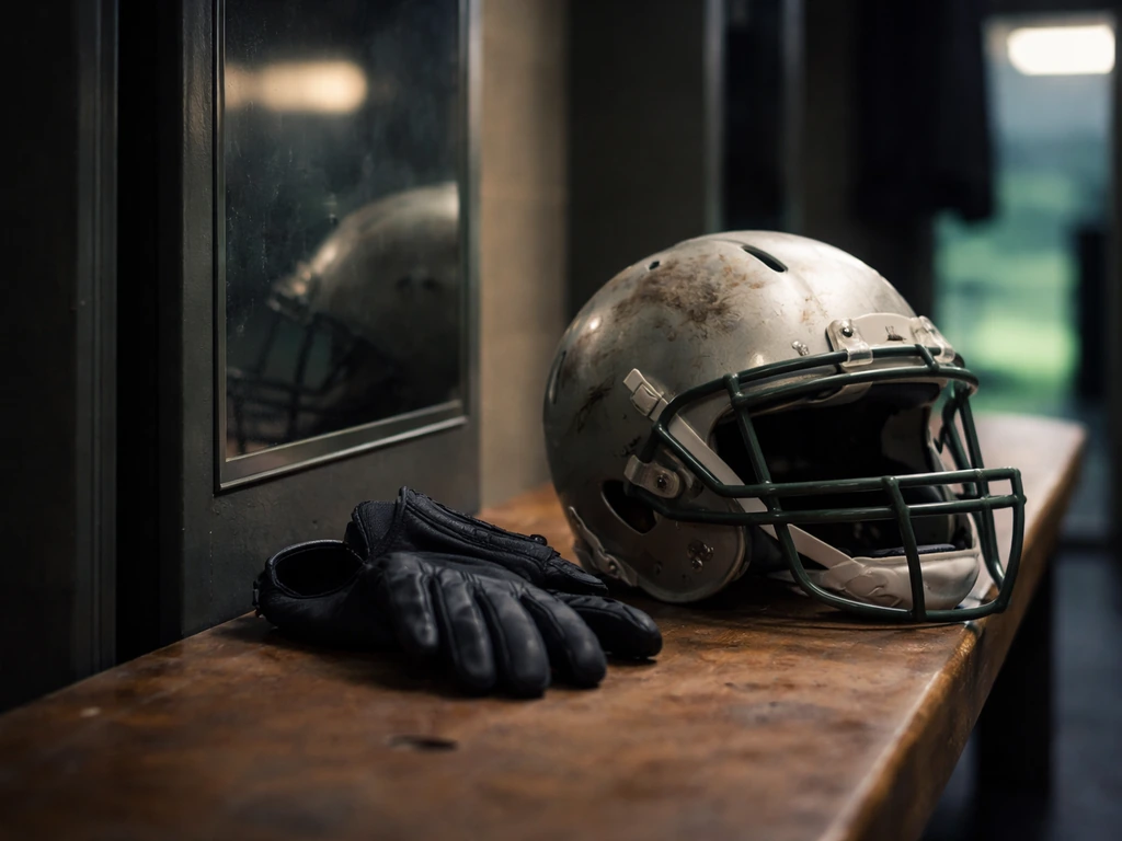 A scuffed football helmet and gloves in an empty locker room, symbolizing NFL career and wealth analysis