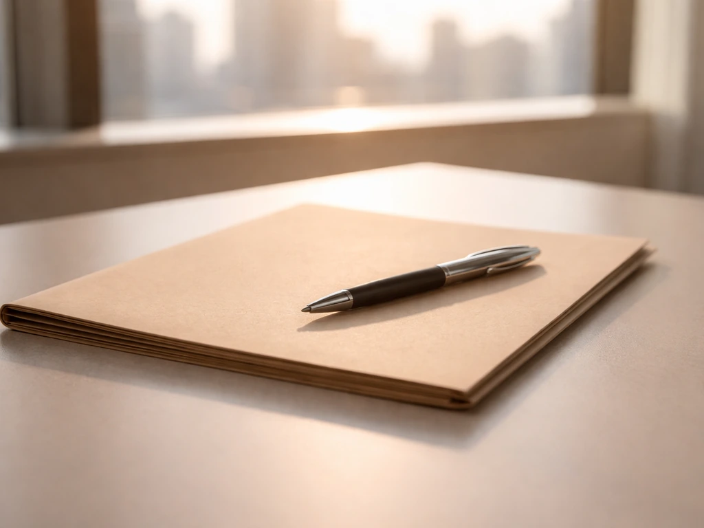 Minimal close-up of a contract folder on an office desk with a pen and blurred city view