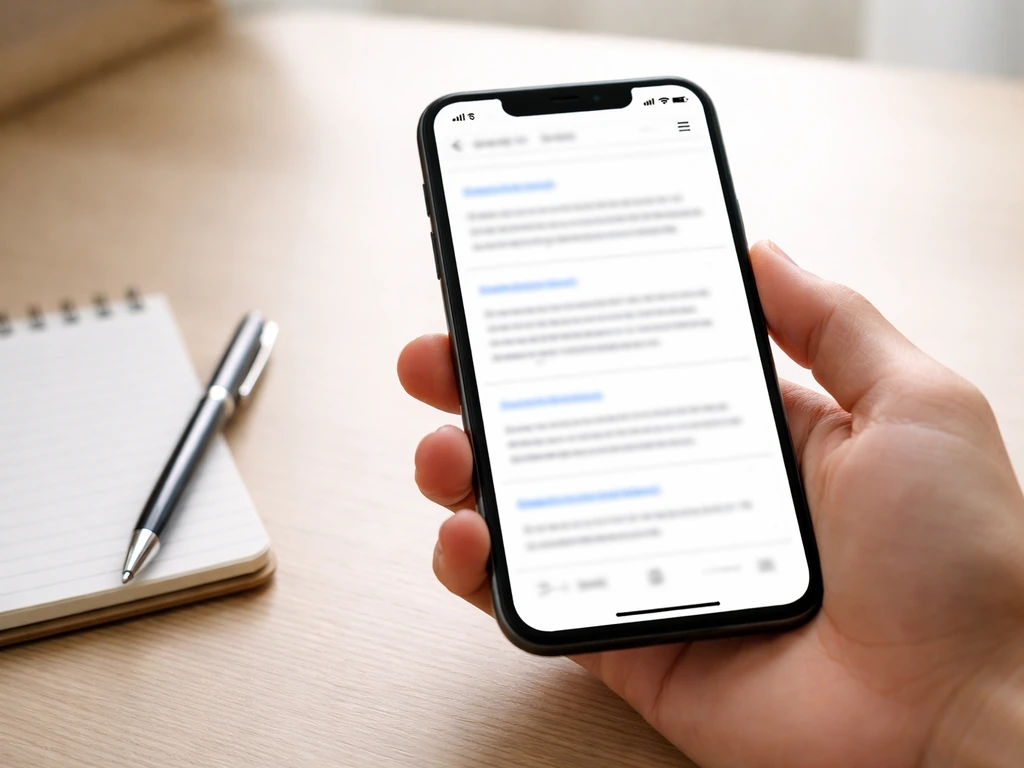 Hand holding a phone above a desk showing a financial search results page mockup, no readable text.