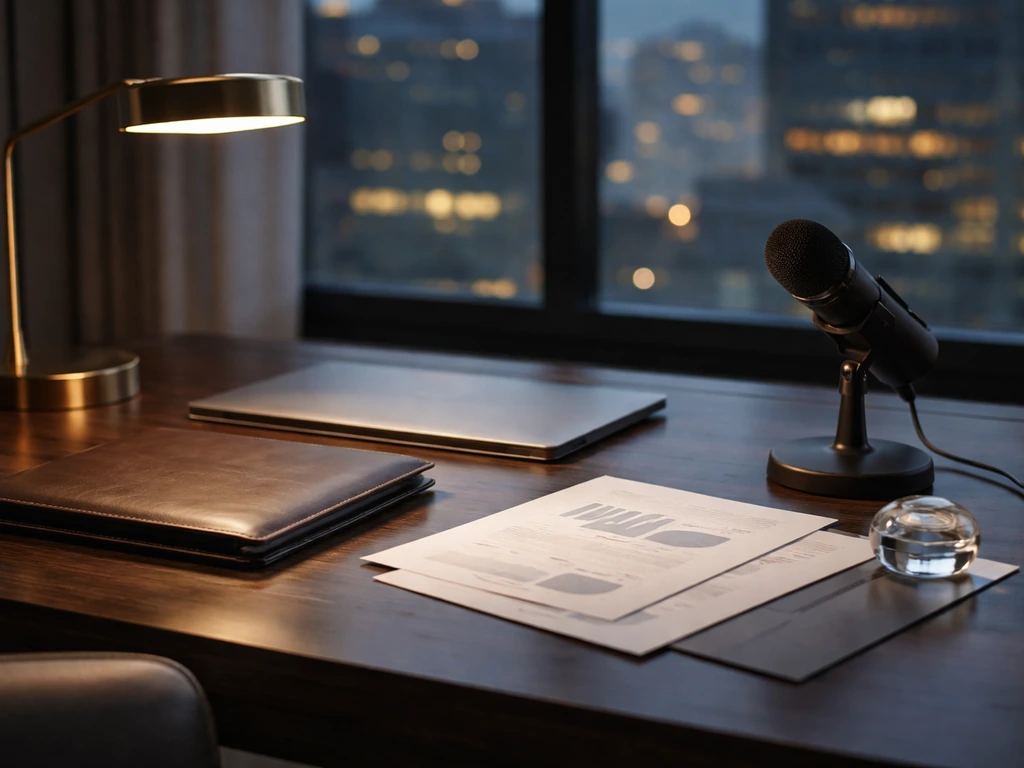Minimal executive office desk with laptop, folder, and microphone suggesting private finance analysis