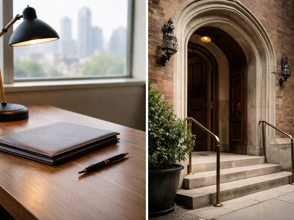 Split-style photo of a quiet private equity office desk beside a formal doorway to suggest two different Angus Littlejoh