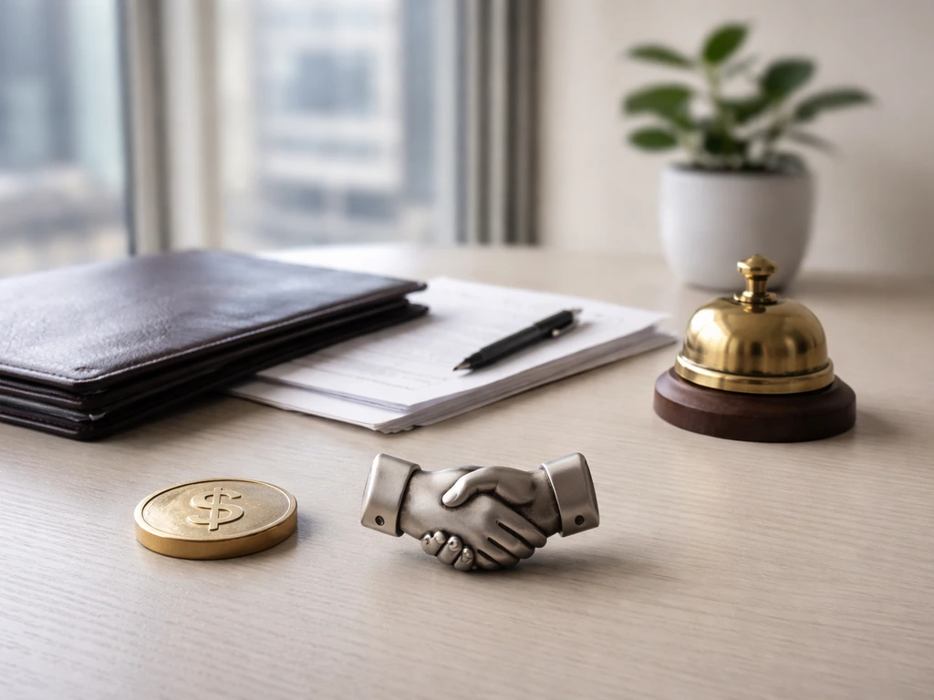 Minimal office desk with portfolio folder and symbolic tokens suggesting private equity money sources.