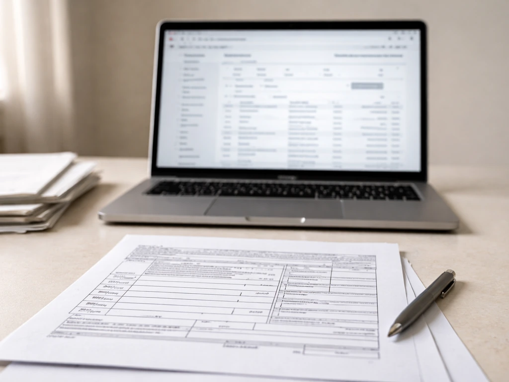 Open laptop showing a generic public-records research interface beside printed 990-PF-style forms.
