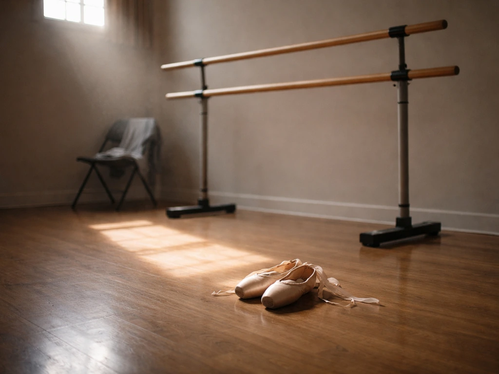 Empty dance studio with spotlight, ballet bar, and dance shoes suggesting a performer’s identity context.