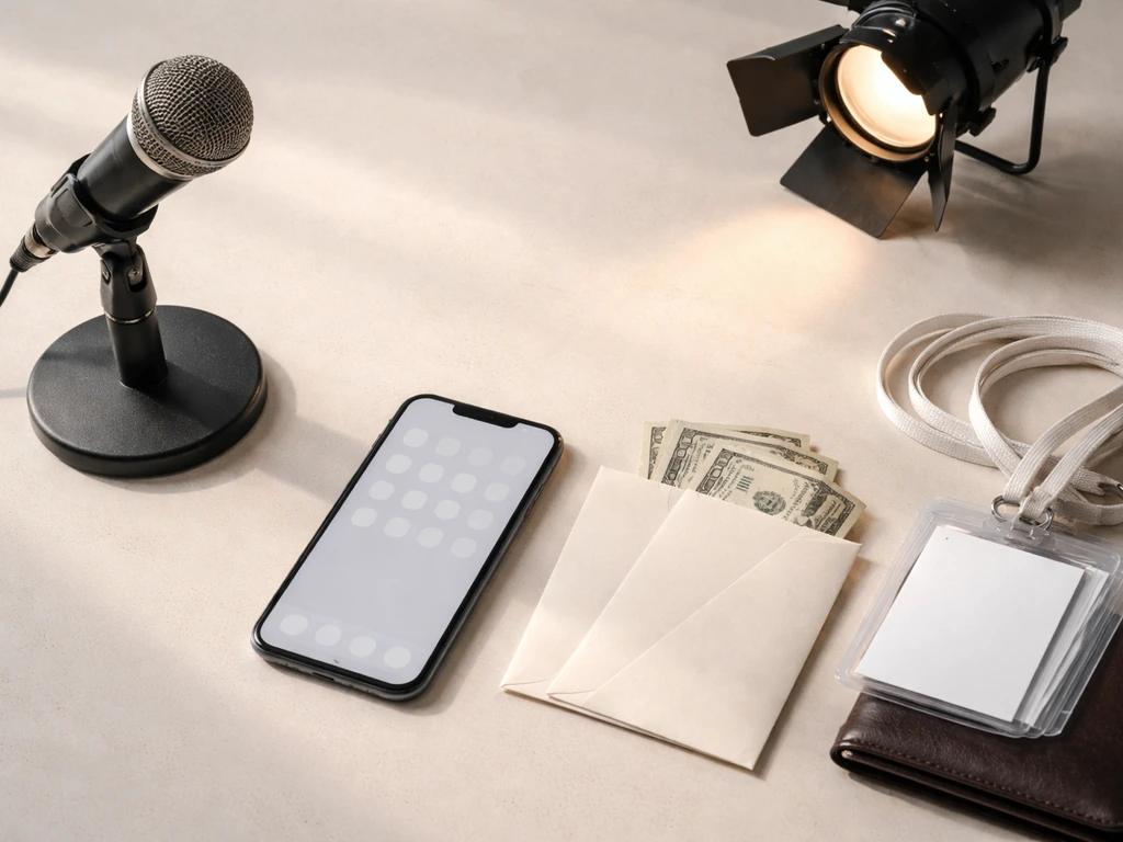 Minimal photo collage showing media and income symbols: mic, stage lights, social media style device, and luxury cash en