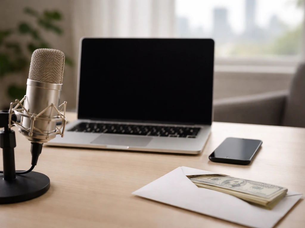 Minimal desk scene with laptop, smartphone, microphone, and cash envelope suggesting influencer booking and pricing.