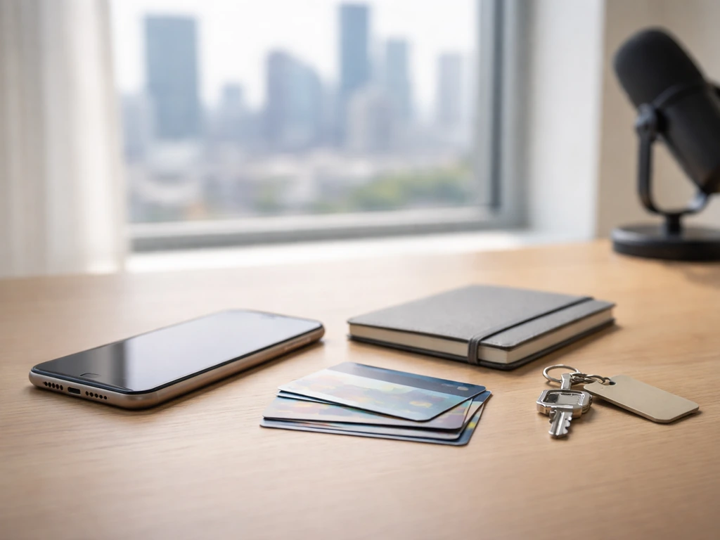 Minimal desk scene with phone, notebook, and credit-card-sized cards to symbolize tracking media and finances