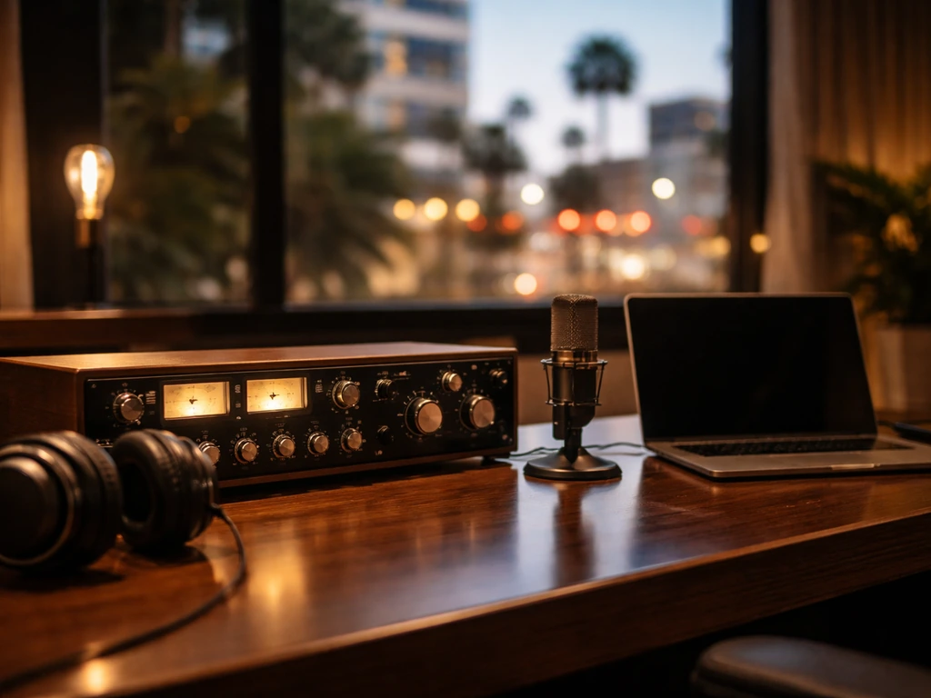 Minimal photo of a recording studio desk with music gear and a blurred window view of West Hollywood