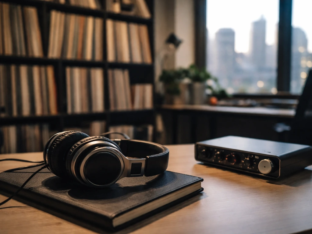 Minimal music-label office scene with headphones and vinyl records, symbolizing independent media and earnings.