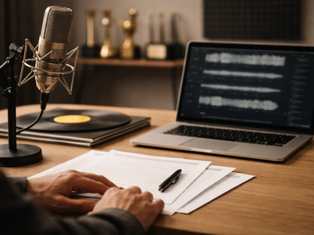 Minimal music-label desk with microphone, vinyl, and blank contracts representing likely income streams.