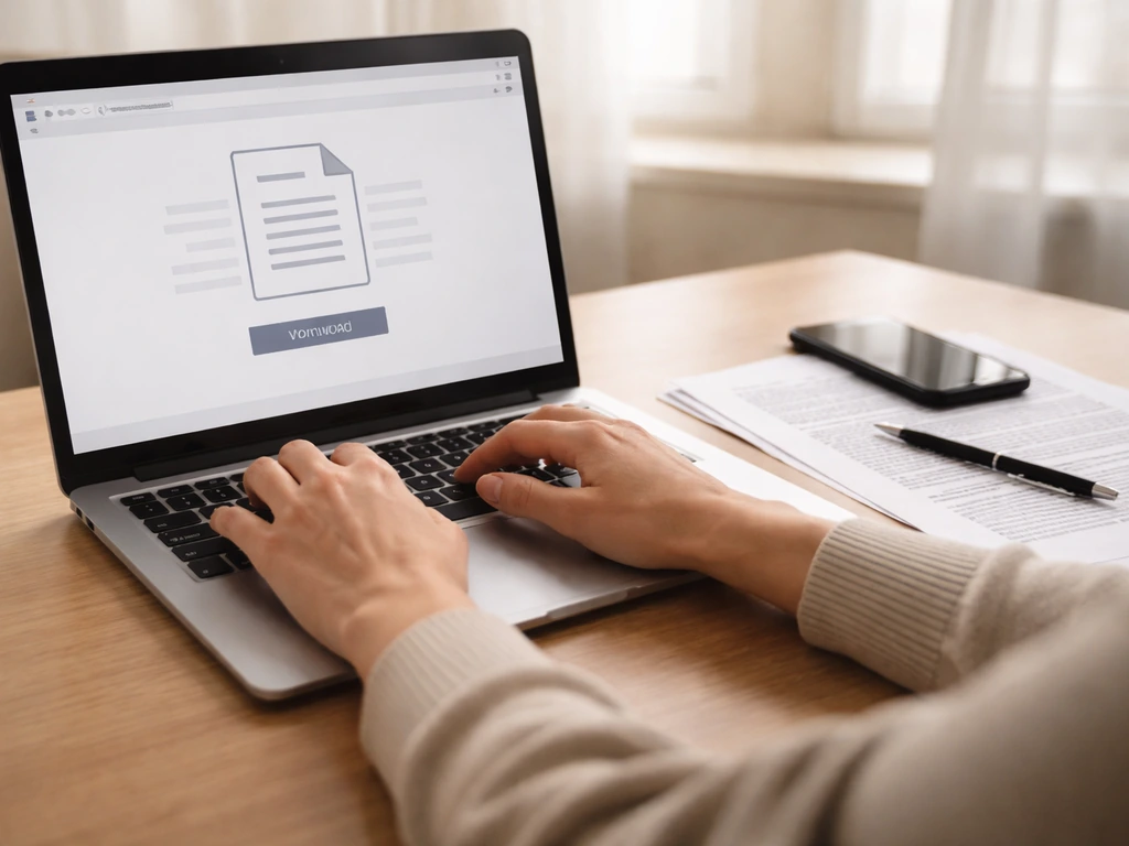 Hands checking a generic legal document on a laptop, with a PDF printout on a quiet desk.