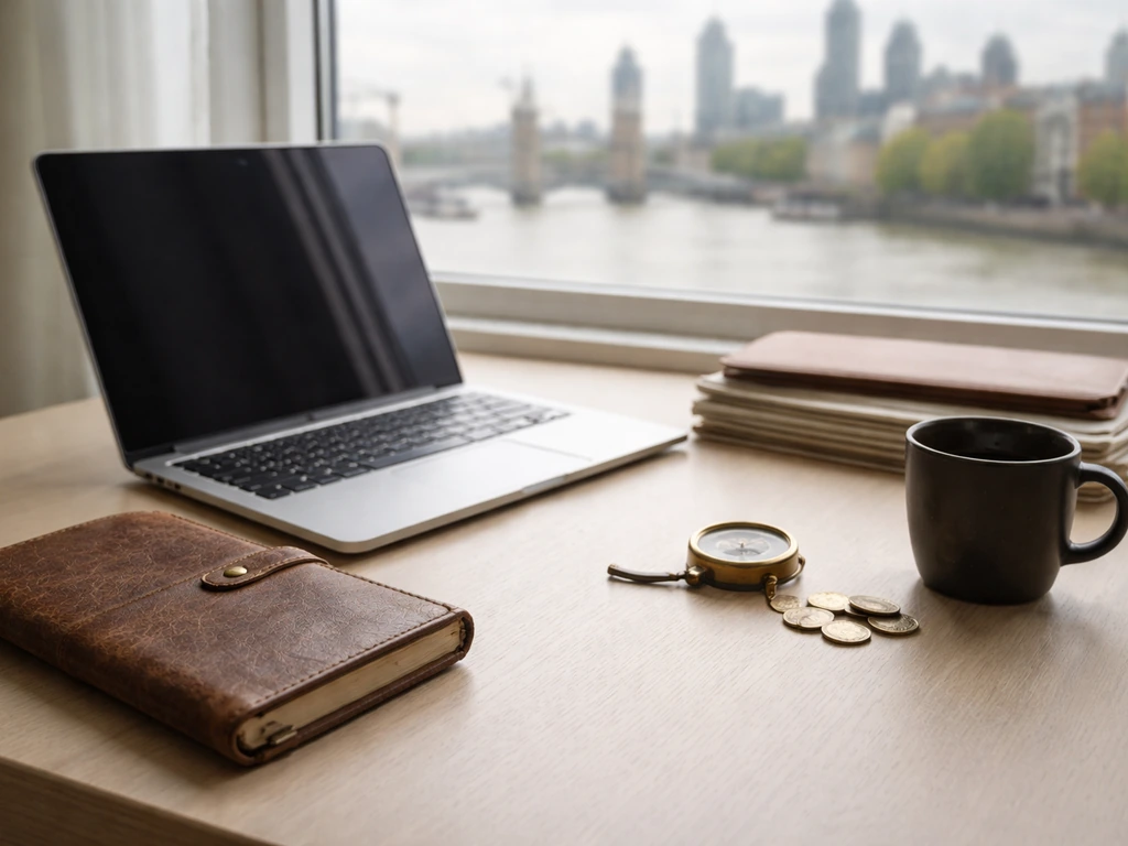 Minimal London desk scene with laptop, notebook, and coins suggesting net worth research and estimation.