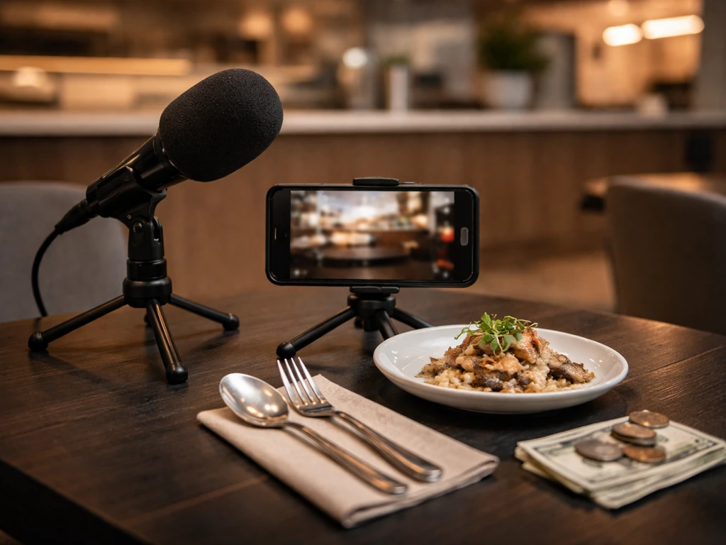 Minimal photo of a restaurant media setup with a microphone and cash as symbolic net-worth theme