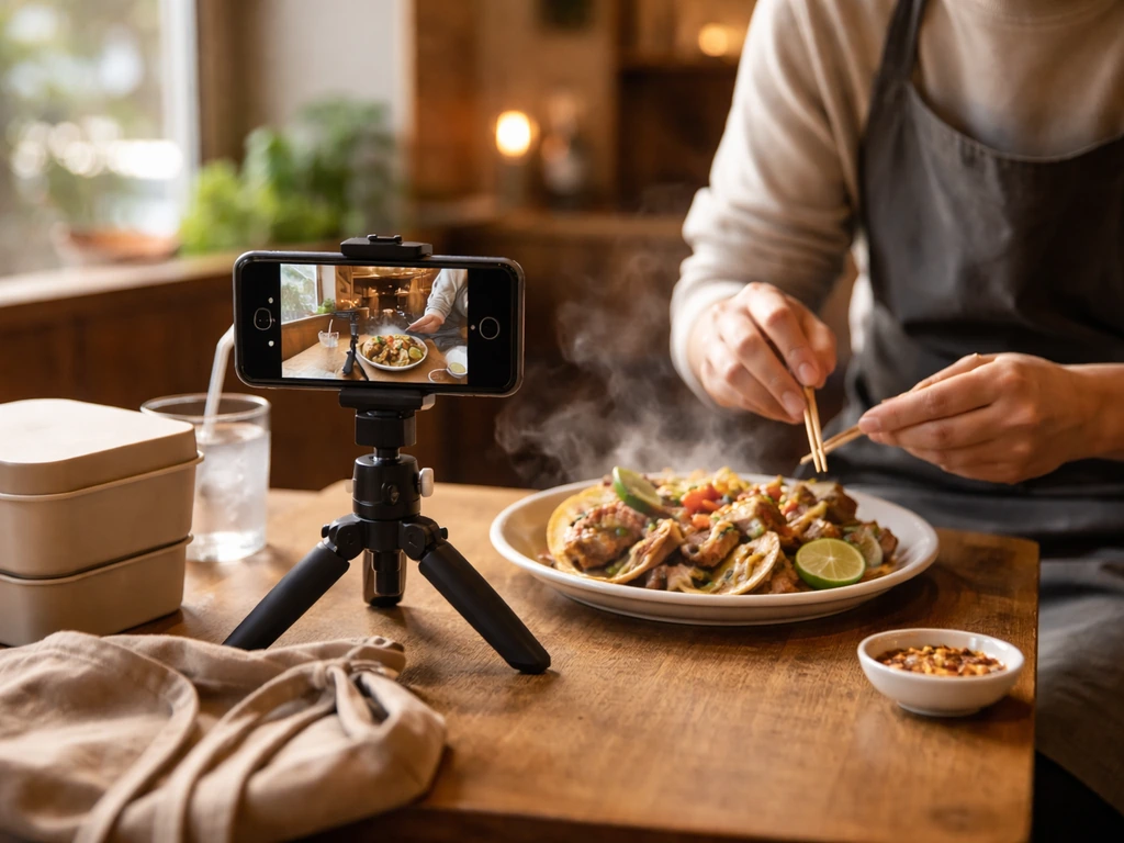 Phone on a small tripod filming street food at a cozy café table, suggesting a restaurant content creator.