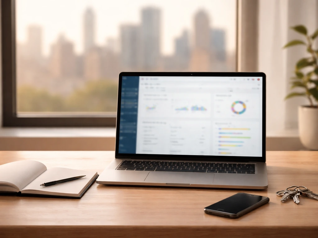 Minimal office desk scene with laptop and blurred CRM-style screen suggesting a tech sales career phase.