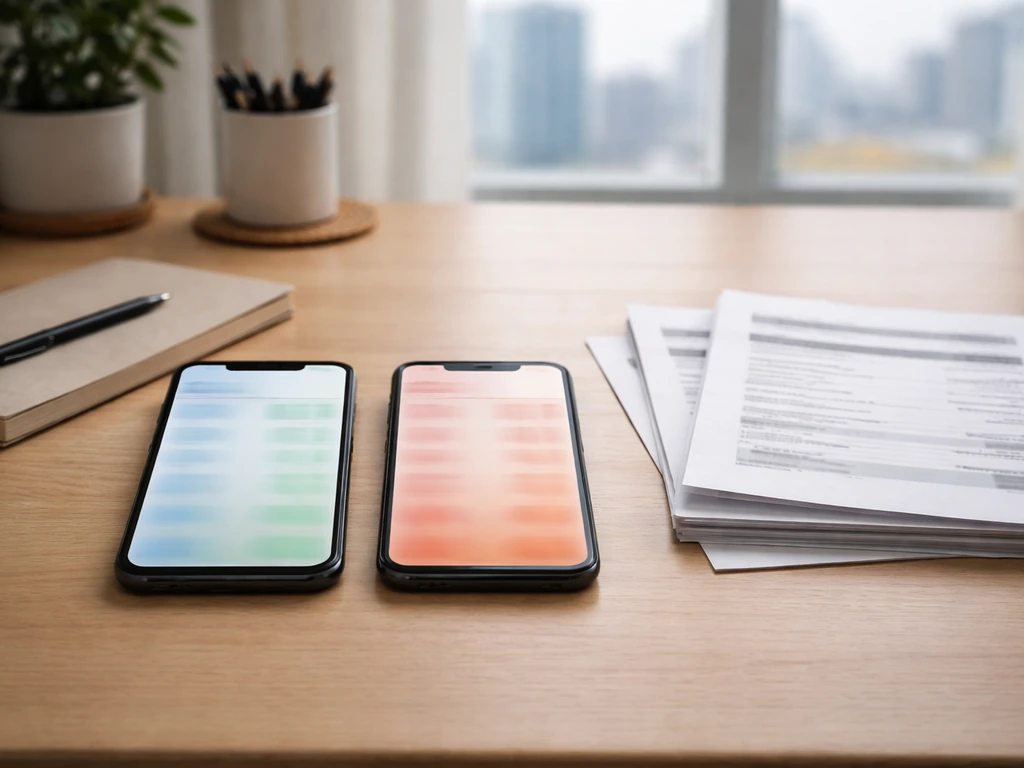 Modern desk with two phones showing mismatched financial estimate screens, suggesting conflicting net worth sources